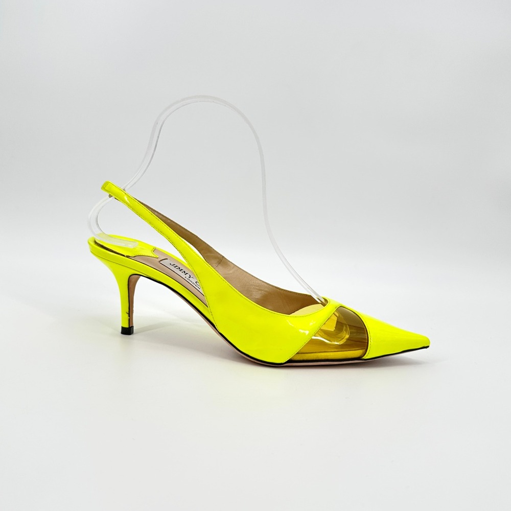 Jimmy Choo Yellow Patent Leather PVC Slingback Kitten Heel Pumps 38.5